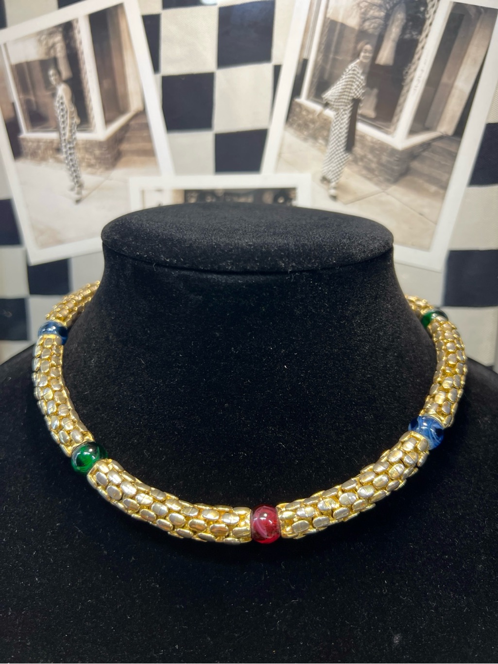 Vintage Rau Klikit Multicolor Glass Cabochon Mesh Necklace Signed Rau Snap Lock